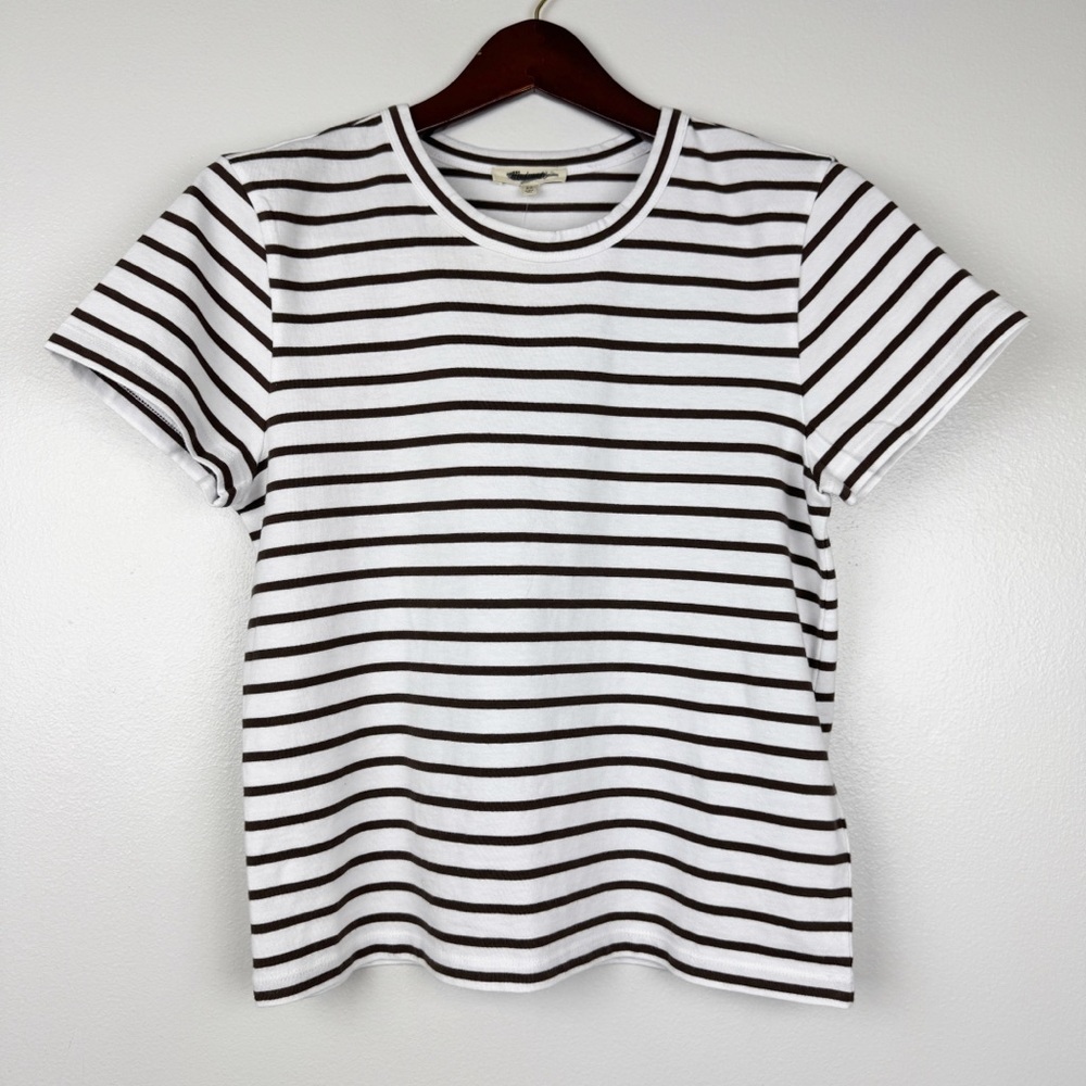 Madewell Perfect Crewneck Tee Allday Jersey Brown White Stripes Size XS NWT
